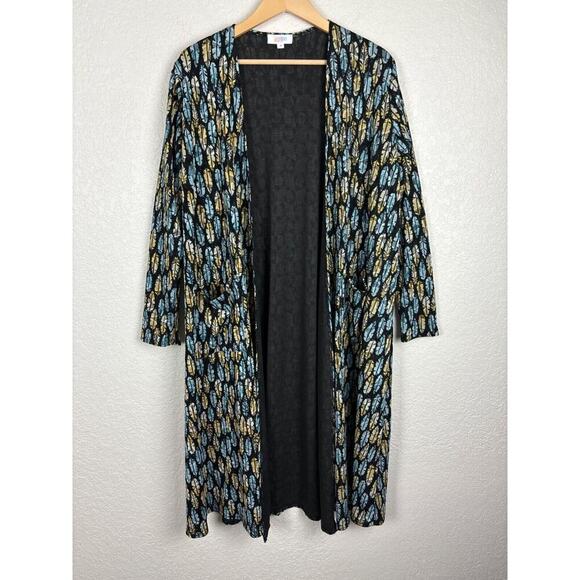 LuLaRoe Feather Print Long Line Cardigan‎ Womens Medium Open Front Duster Boho - Picture 1 of 6
